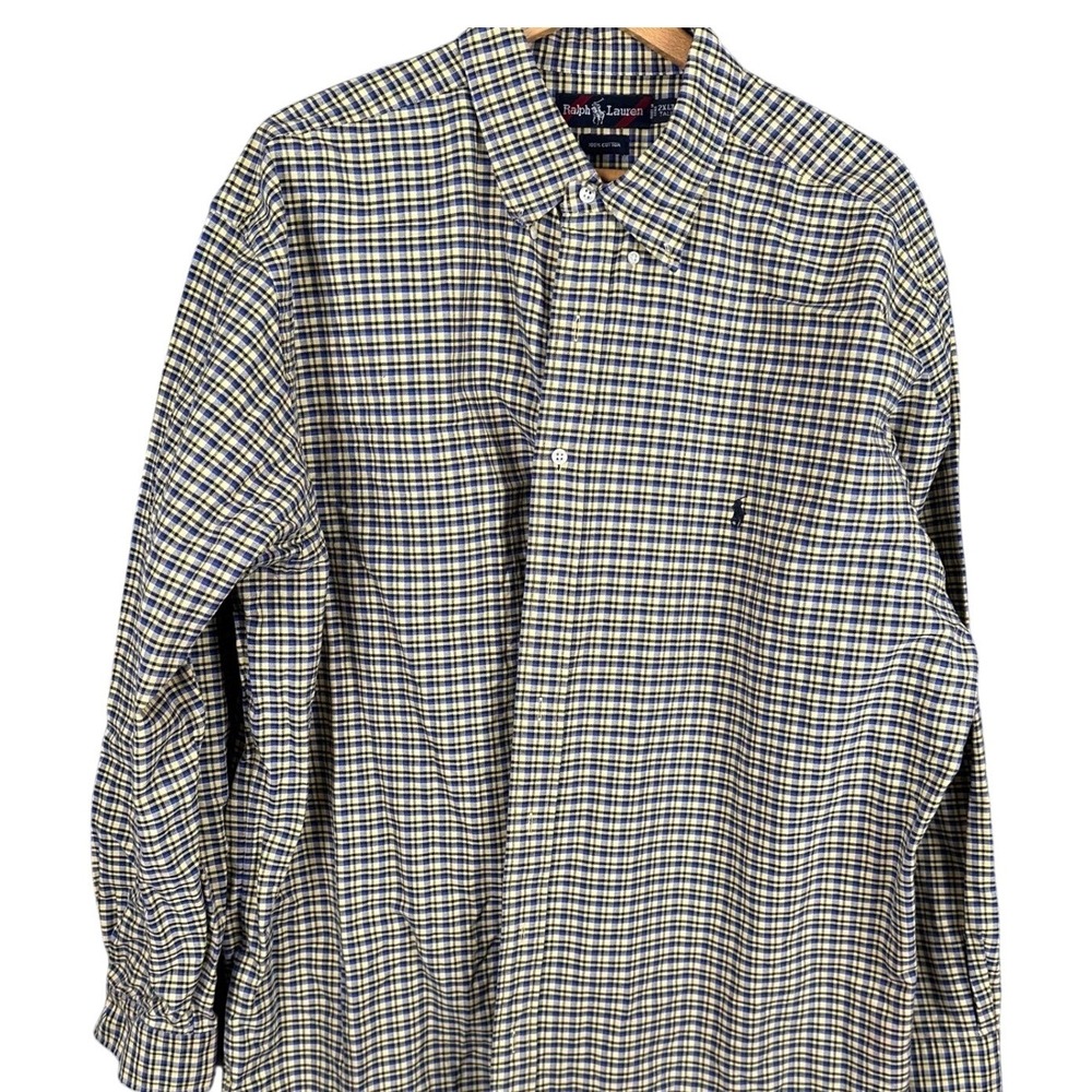 Ralph Lauren Mens 2XLT Tall Yellow Blue Plaid Cotton Button Up Shirt Long Sleeve